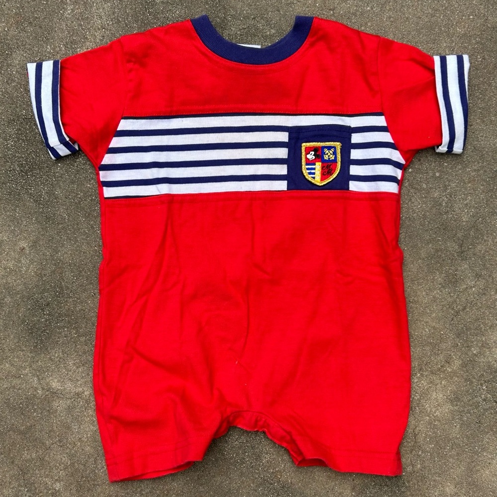 Vintage Disney Romper Mickey Outfit Bodysuit Navy White Stripes Size 12 Months